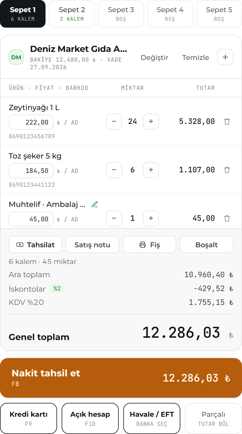 hesaponda hızlı satış sepet detay ekranı